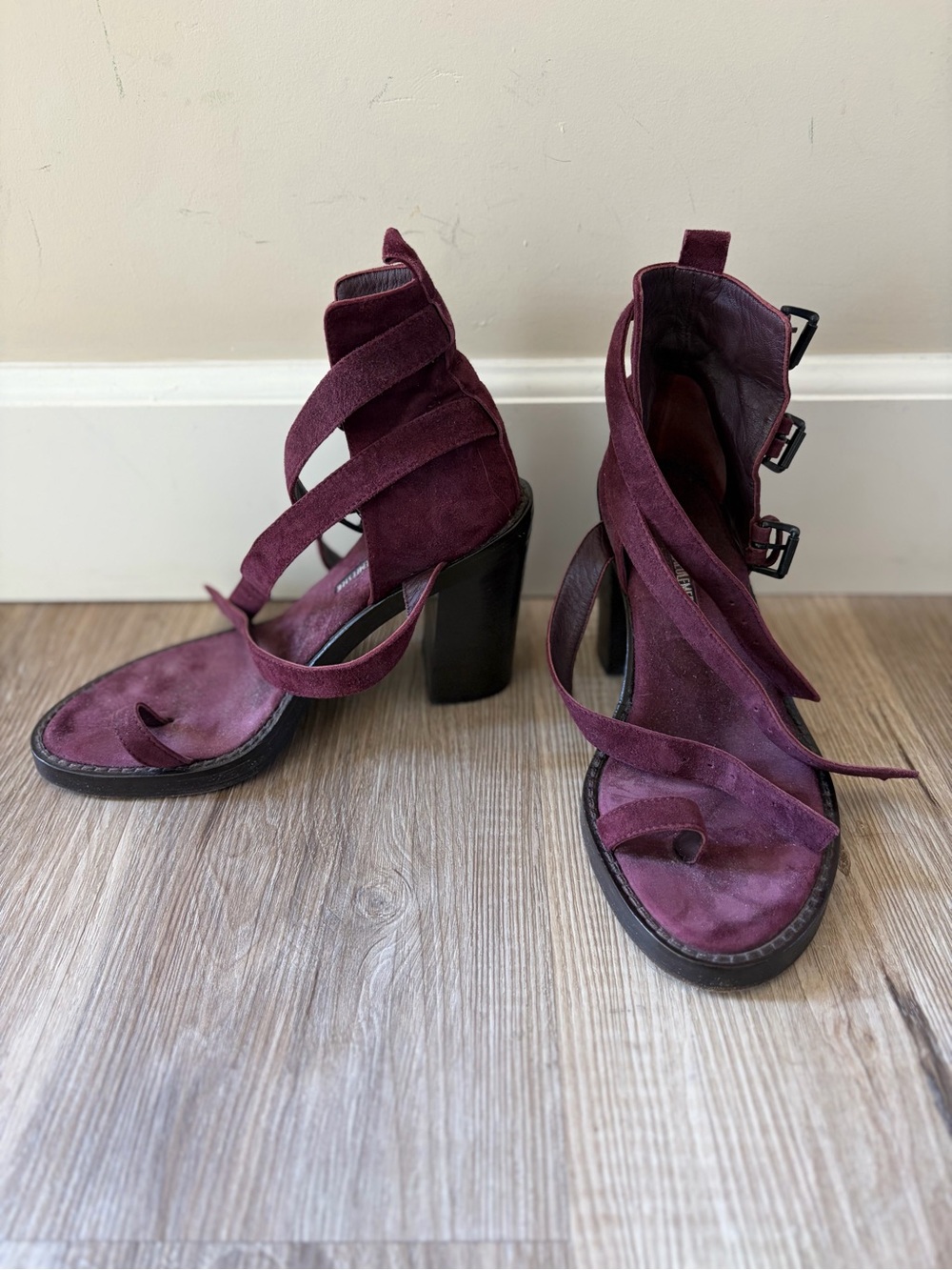 Strappy Ankle Wrap Block Heels in Plum/Burgundy - Picture 5 of 9